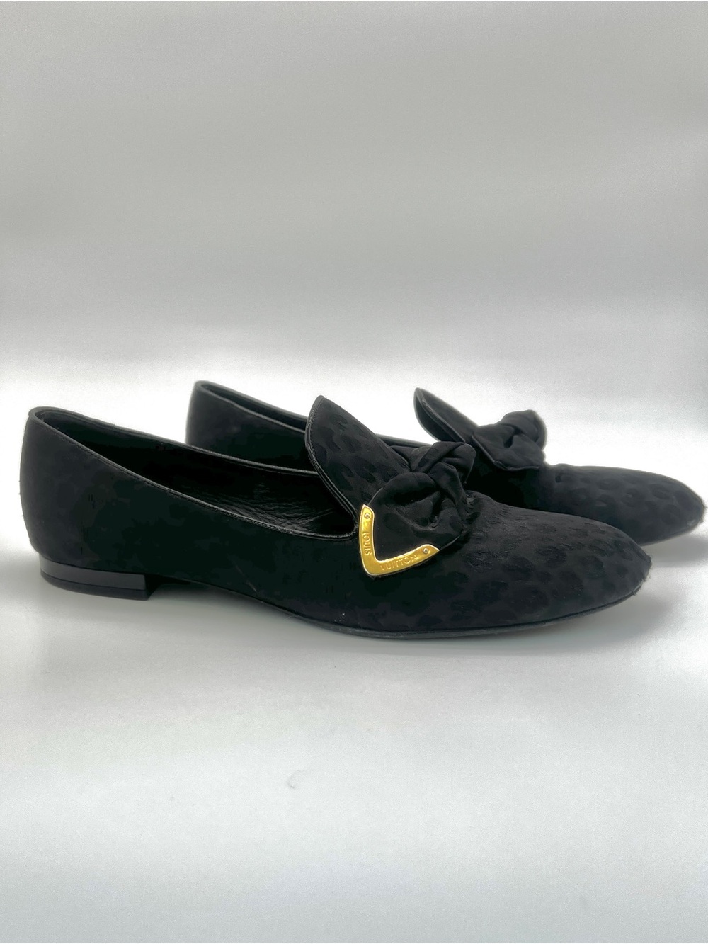 Black satin Louis Vuitton flat loafers